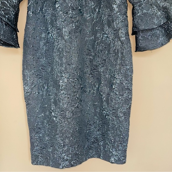 Theia Cloque Bell Sleeve Cocktail Dress 12 French Blue Back Zip Lightweight $695 - Picture 8 of 10